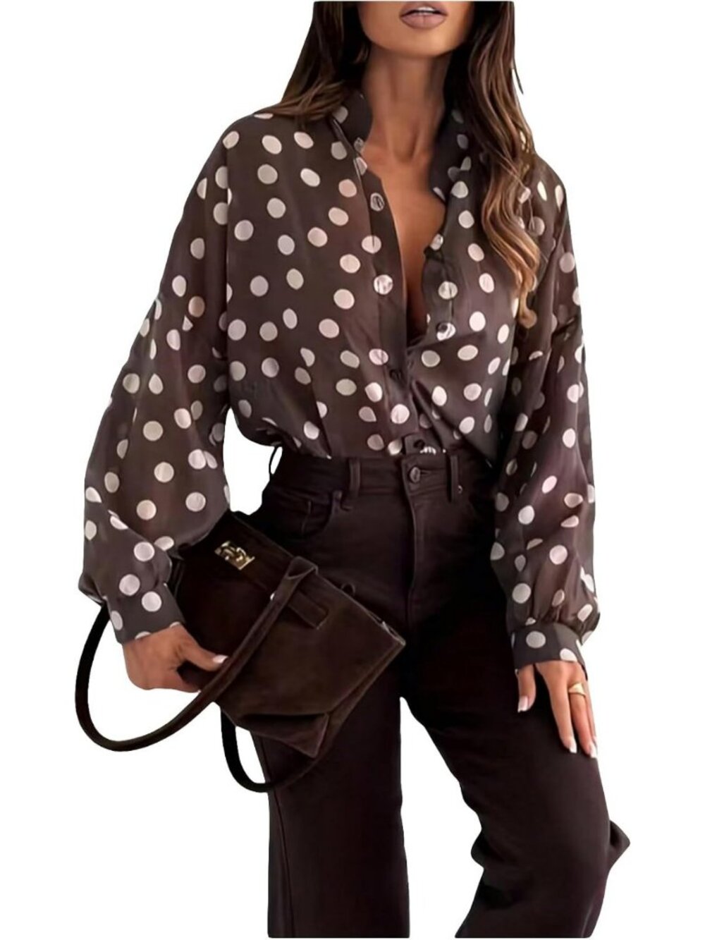 Chic Polka Dot Blouse | Dressy Business Casual Long Sleeve Button Down Top